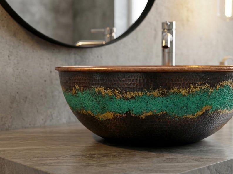 Hammered Copper Vessel Sink with Green Patina Accent