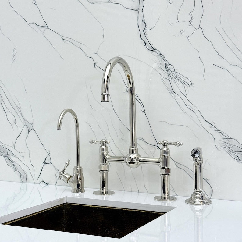 Polished Nickel Bridge Kitchen Faucet with Side Sprayer