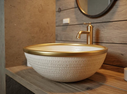 Handcrafted Textured Vessel Sink with Brass Rim