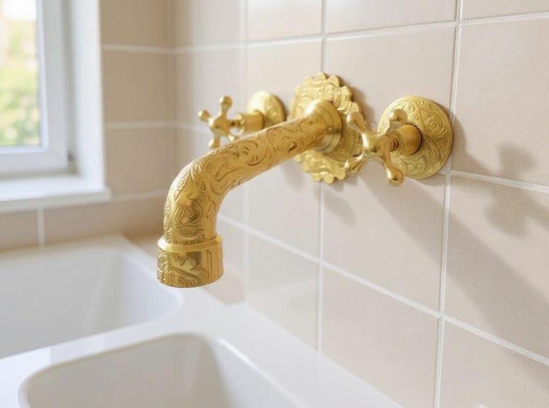 Engraved Brass Wall Mount Faucet