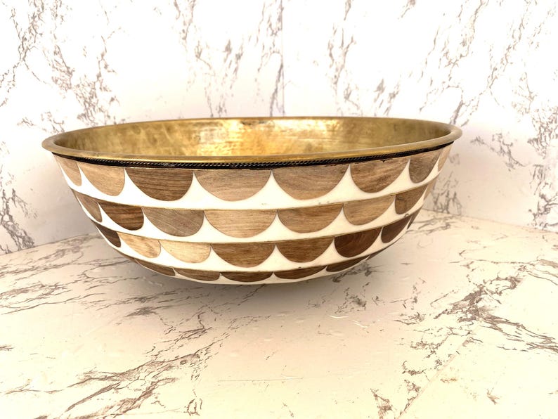 Moroccan Wood & Resin Inlay Vessel Sink with Brass Interior