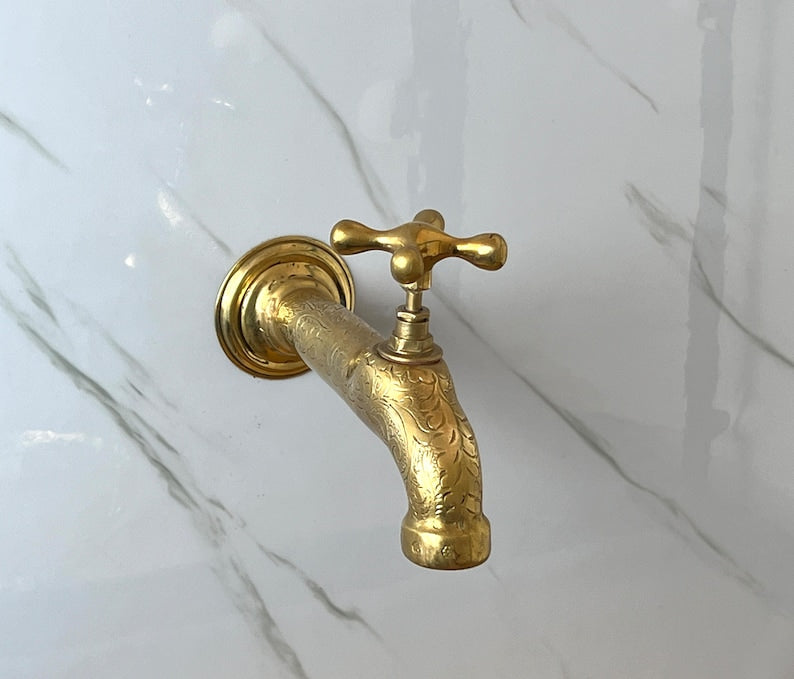 Vintage Engraved Brass Wall Bib Tap