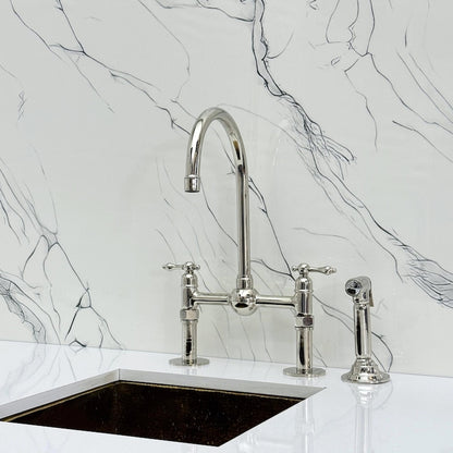 Luxury Polished Nickel Bridge Kitchen Faucet with Side Sprayer