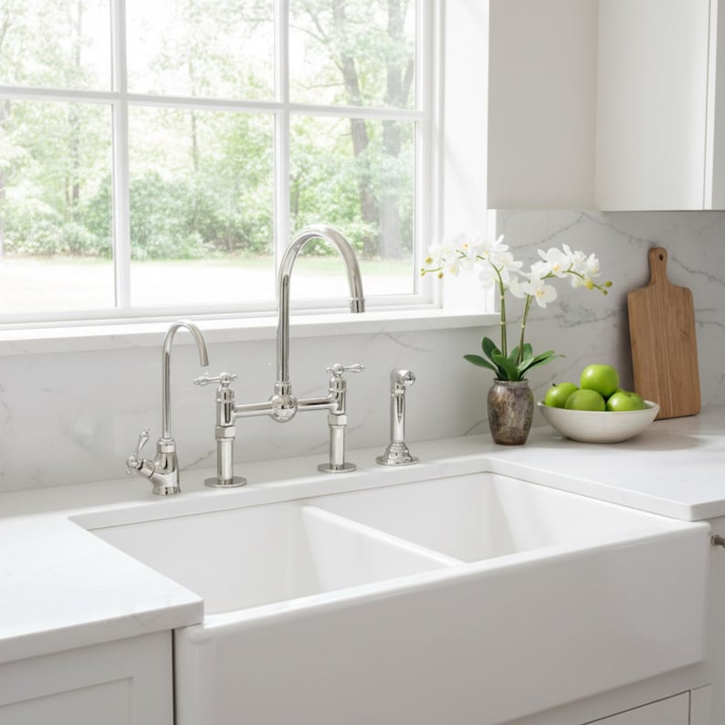 Luxury Polished Nickel Bridge Kitchen Faucet with Side Sprayer