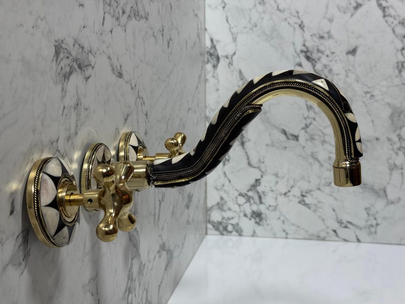 Black & White Mosaic Brass Wall Faucet