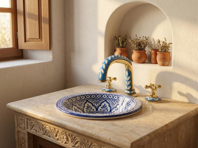Blue Mosaic Brass Bridge Faucet