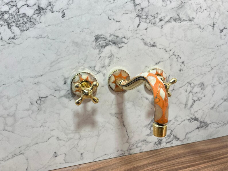 Orange Mosaic Brass Wall Mount Faucet