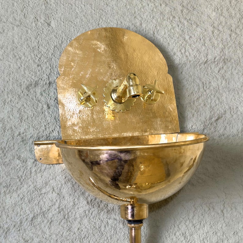 Hand-Hammered Brass Wall Fountain Sink with Cross Handles | Moroccan Style