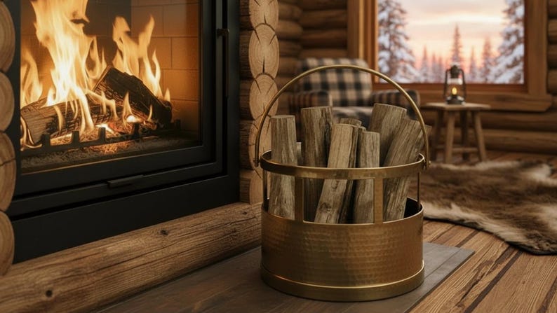 Handmade Solid Brass Firewood Log Holder – Hammered Brass Fireplace Wood Basket