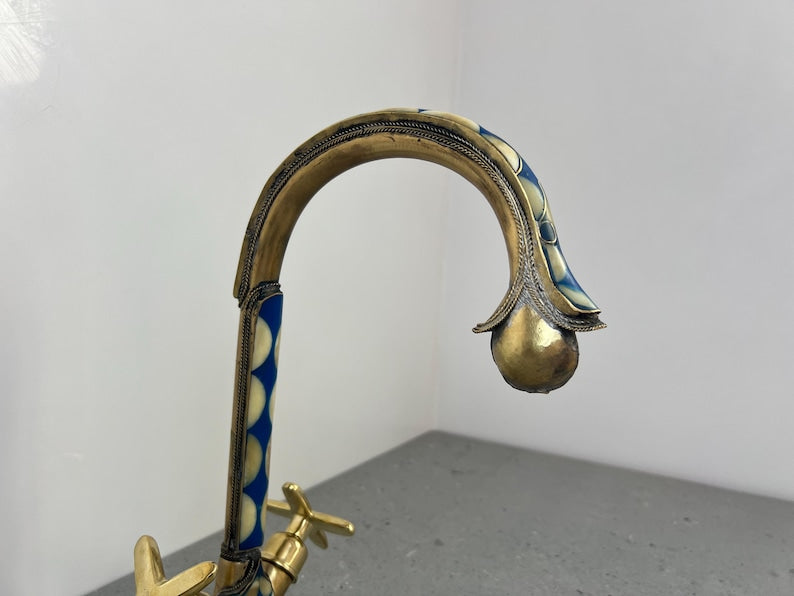 Blue Inlay Brass Gooseneck Faucet with Cross Handles