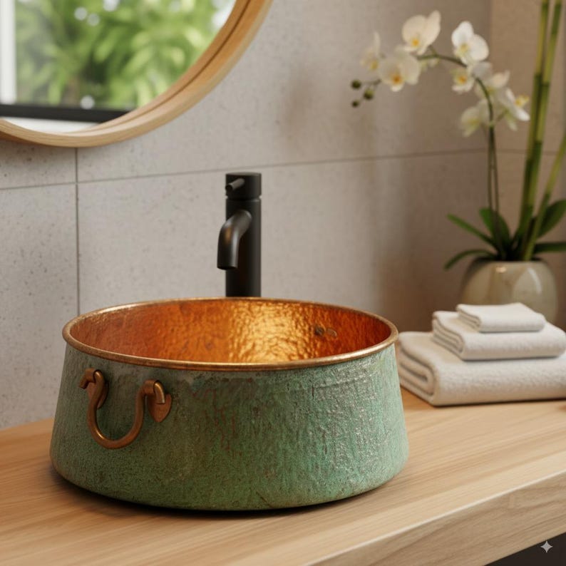 Green Patina Copper Vessel Sink with Decorative Handles