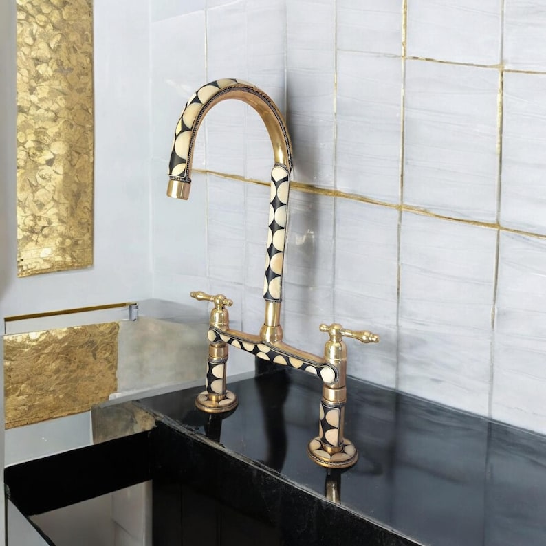 Mother of Pearl Inlay Brass Kitchen Faucet with Side Sprayer