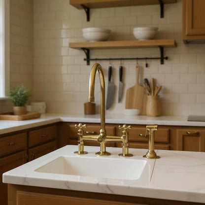 Unlacquered Brass Bridge Kitchen Faucet with Side Sprayer