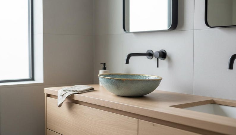 Light Green Textured Ceramic Vessel Sink with Gold Rim