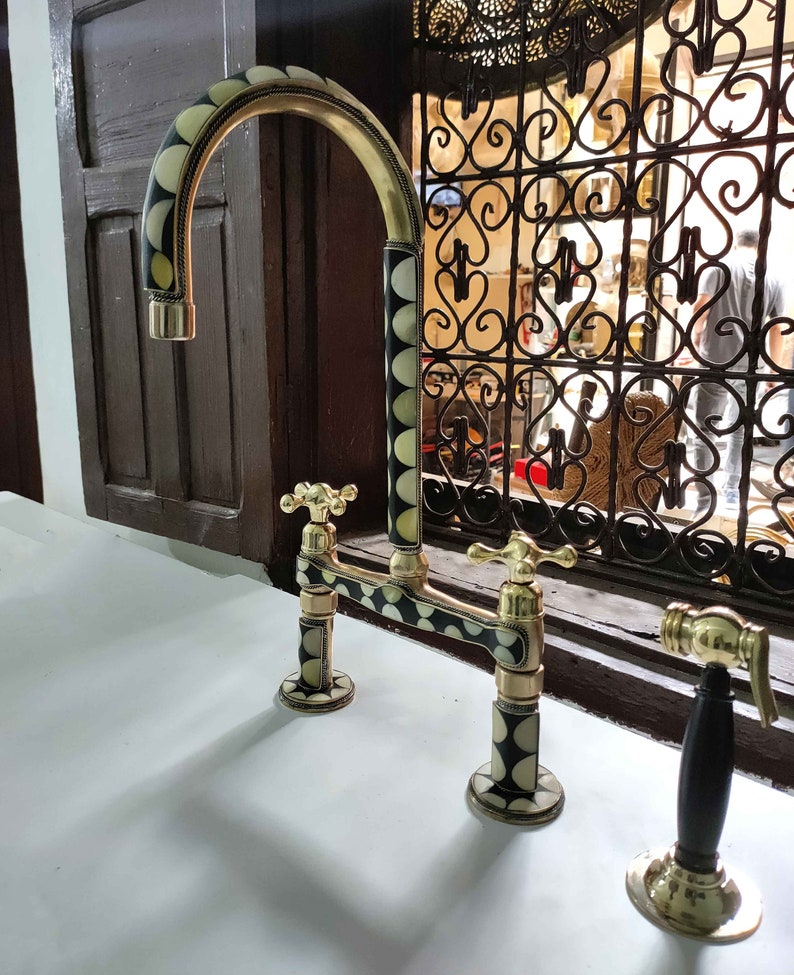 Mother of Pearl Inlay Brass Bridge Kitchen Faucet