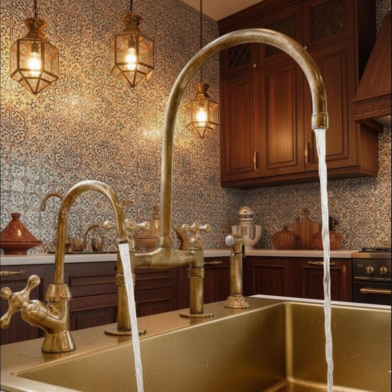 Moroccan-Style Unlacquered Brass Bridge Kitchen Faucet