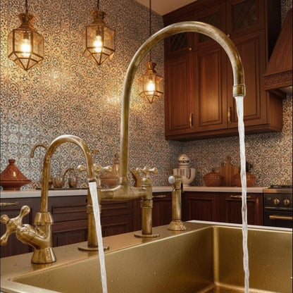 Moroccan-Style Unlacquered Brass Bridge Kitchen Faucet