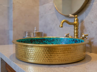 Turquoise Hammered Brass Vessel Sink with Gold Exterior