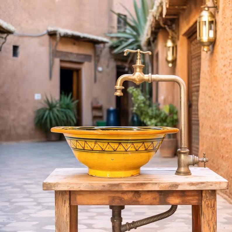Hand-Painted Moroccan Ceramic Vessel Sink – Yellow Artisan Basin