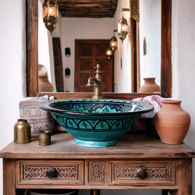 Hand-Painted Turquoise Moroccan Glass Vessel Sink