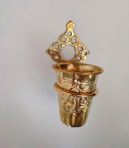 Handmade Solid Brass Toothbrush Holder – Engraved Moroccan Wall-Mounted Cup