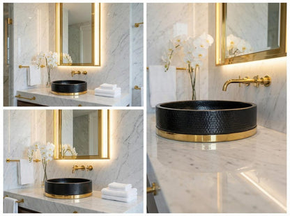 Matte Black Hammered Vessel Sink with Brass Base Ring