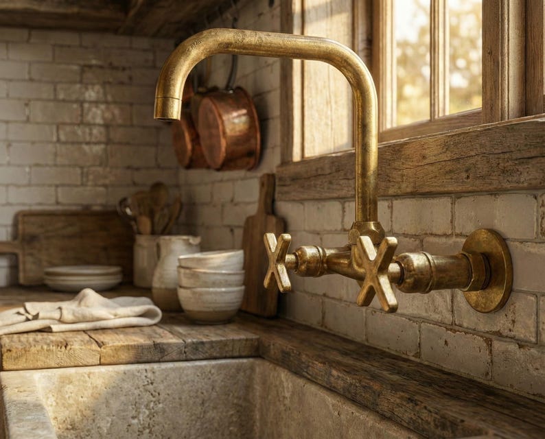 Unlacquered Brass Wall Mount Kitchen Faucet