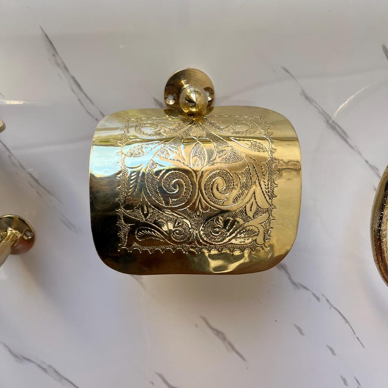 Handmade Solid Brass Bathroom Accessories Set – Engraved Moroccan Towel Bar, Ring & Soap Dish