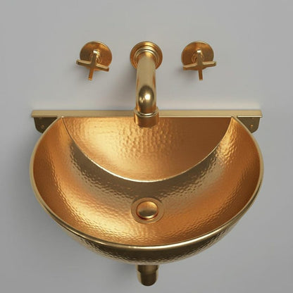 Hand-Hammered Gold Brass Wall-Mount Sink with Matching Cross-Handle Tap