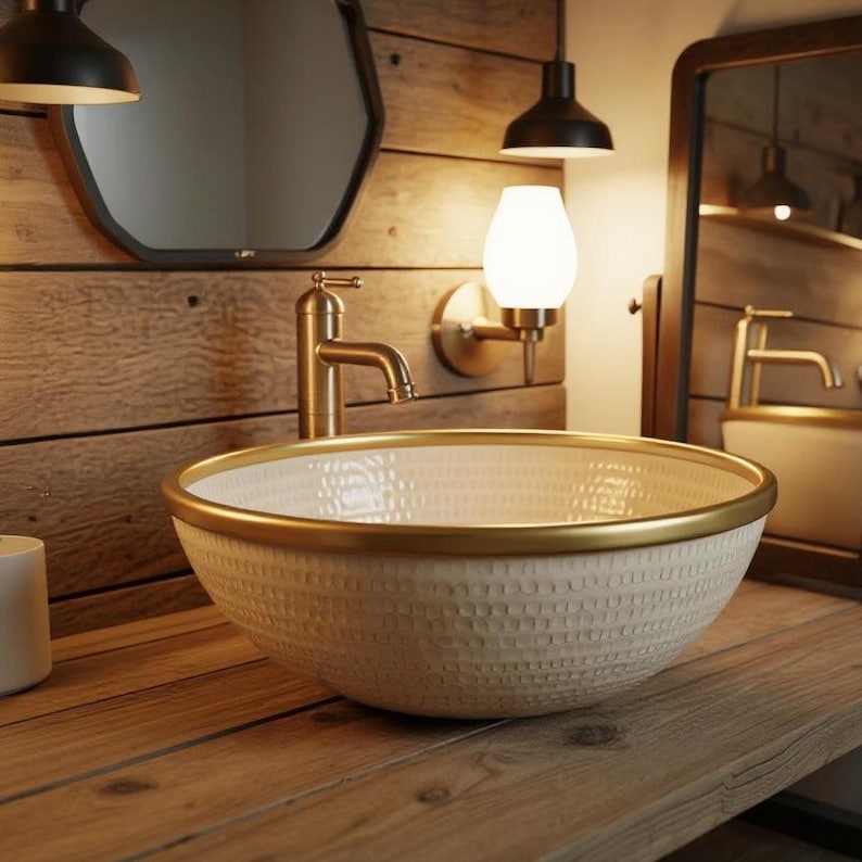 Handcrafted Textured Vessel Sink with Brass Rim