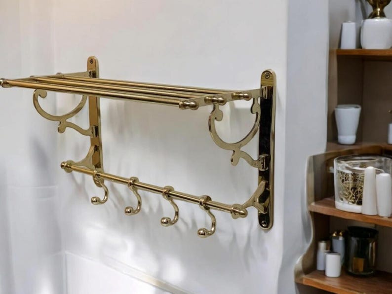 Handmade Solid Brass Wall Shelf with Hooks – Vintage Moroccan Bathroom & Entryway Rack