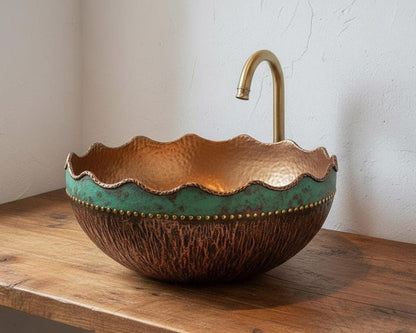 Scalloped Edge Two-Tone Patina Copper Vessel Sink