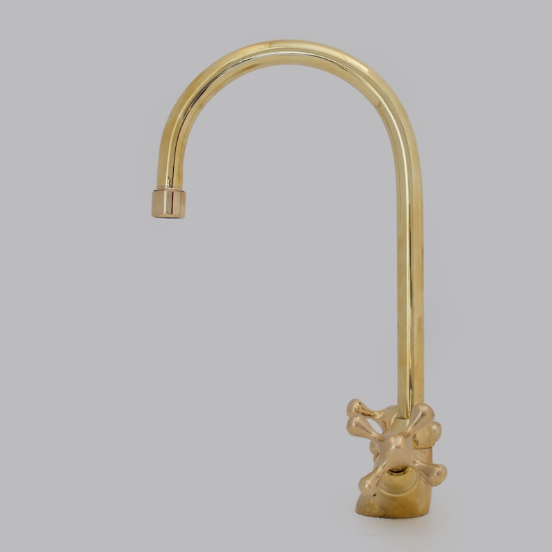 Tall Polished Brass Gooseneck Faucet with Cross Handles