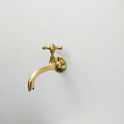 Hammered Polished Brass Wall Tap with Cross Handle