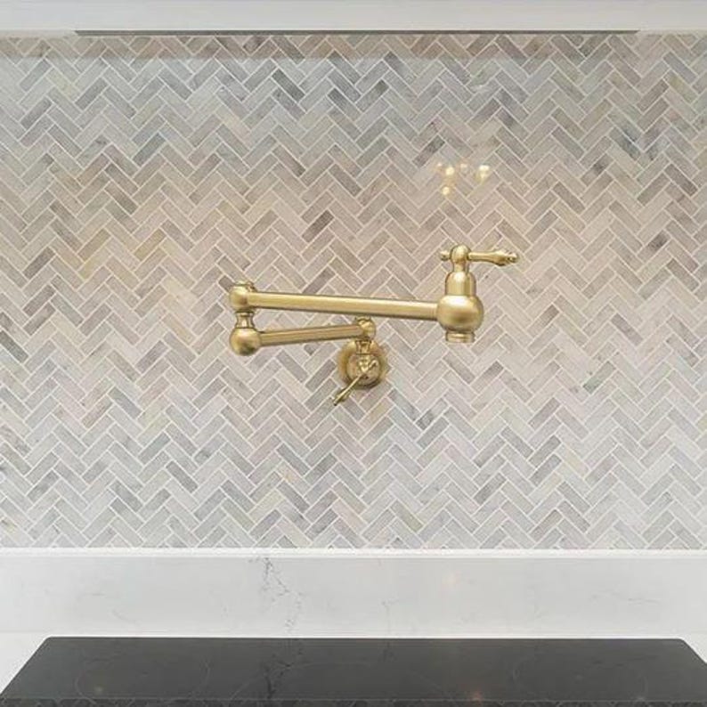 Rustic Wooden Range Hood with Brass Pot Filler
