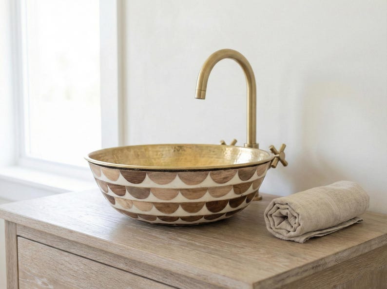 Moroccan Wood & Resin Inlay Vessel Sink with Brass Interior