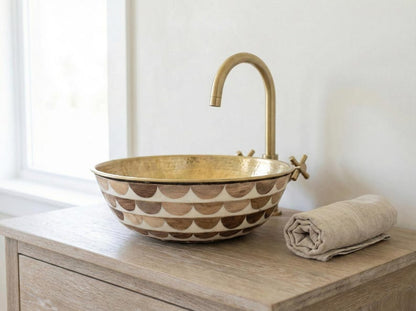 Moroccan Wood & Resin Inlay Vessel Sink with Brass Interior