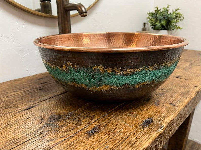 Hammered Copper Vessel Sink with Green Patina Accent