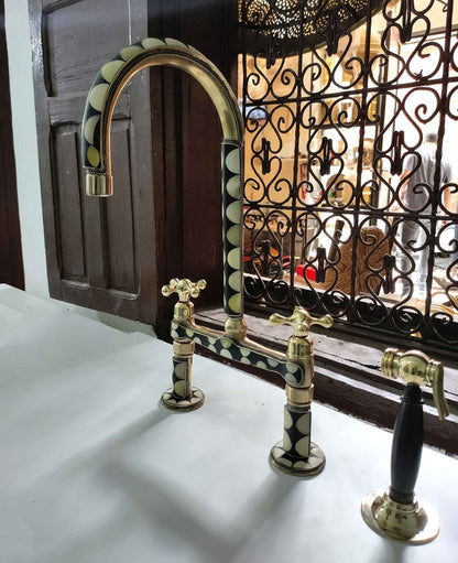 Mother of Pearl Inlay Brass Bridge Kitchen Faucet