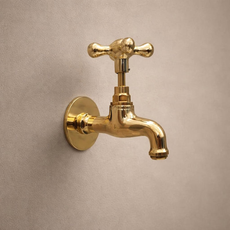 Polished Brass Wall Mount Faucet with Cross Handle