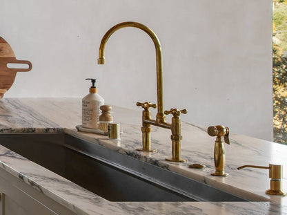 Unlacquered Brass Bridge Kitchen Faucet with Side Sprayer