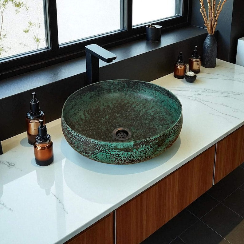 Hammered Green Patina Copper Vessel Sink