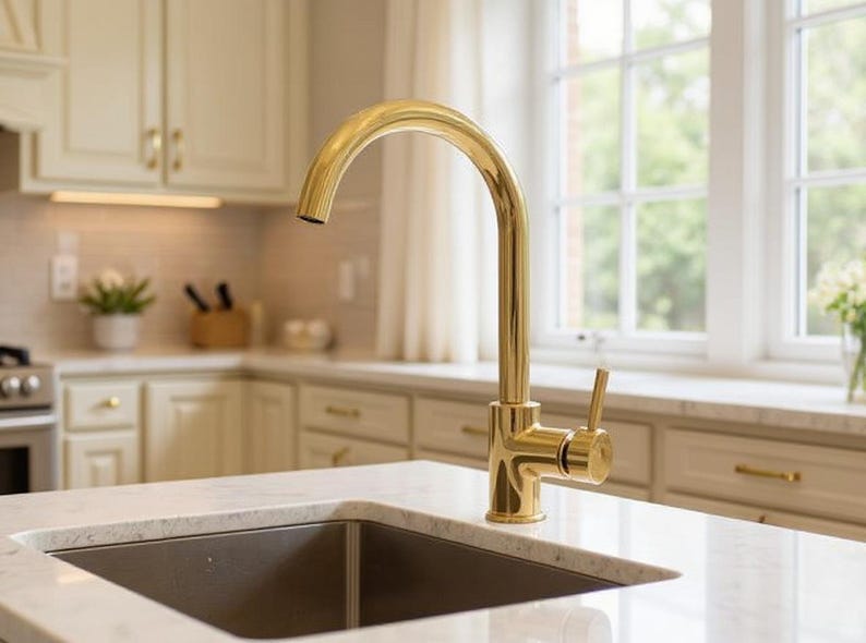 Polished Brass Gooseneck Kitchen Faucet with Lever Handle