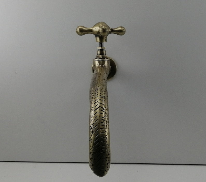 Engraved Antique Brass Wall Faucet
