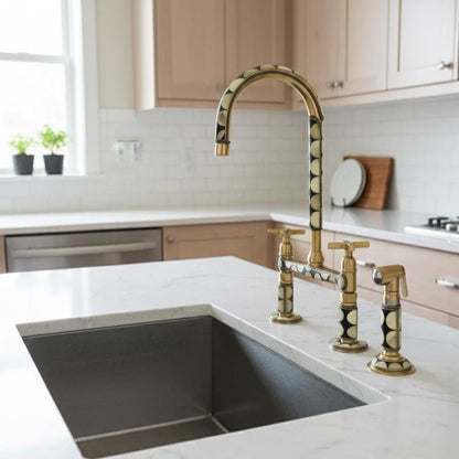 Mother of Pearl Inlay Brass Bridge Kitchen Faucet with Side Sprayer