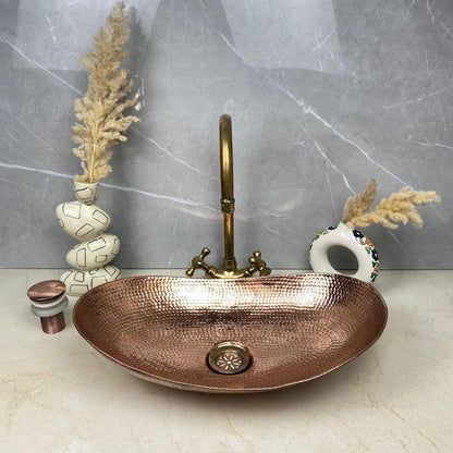 Hand-Hammered Oval Copper Sink with Vintage Brass Faucet