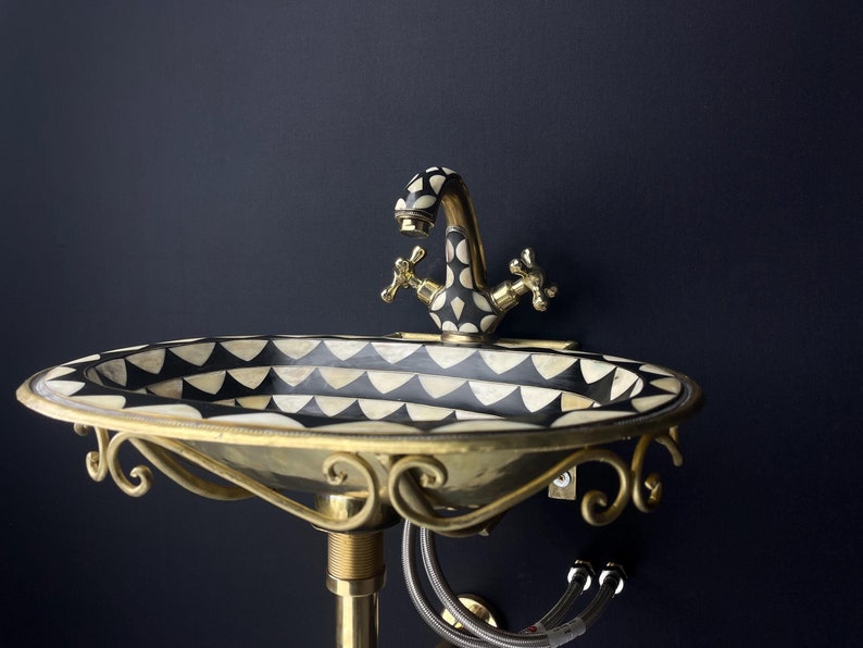 Luxury White Ceramic Vessel Sink with Floating Unlacquered Brass Console