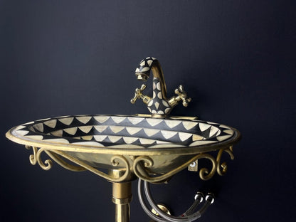 Luxury White Ceramic Vessel Sink with Floating Unlacquered Brass Console