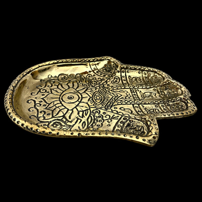 Handmade Brass Hamsa Hand Tray – Engraved Evil Eye Decorative Catchall Dish
