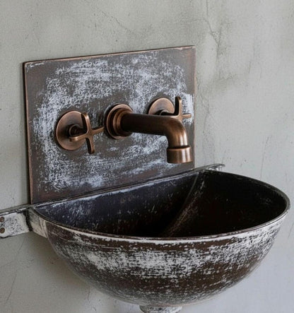 Hand-Hammered Moroccan Copper Vanity Set with Distressed White Patina and Matching Mirror